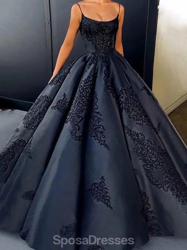 Maxi dress with bold stripes-Black A-line Spaghetti Straps Ball Gown Long Evening Prom Dresses, Evening Party Prom Dresses, 12193