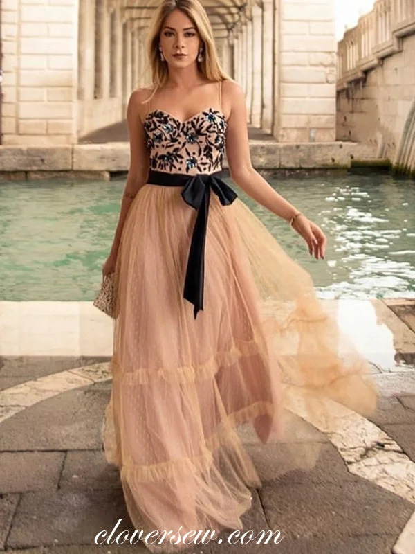 V-neckline maxi dress-Black Applique Nude Tulle Sweetheart Strapless A-line Prom Dresses ,CP0285