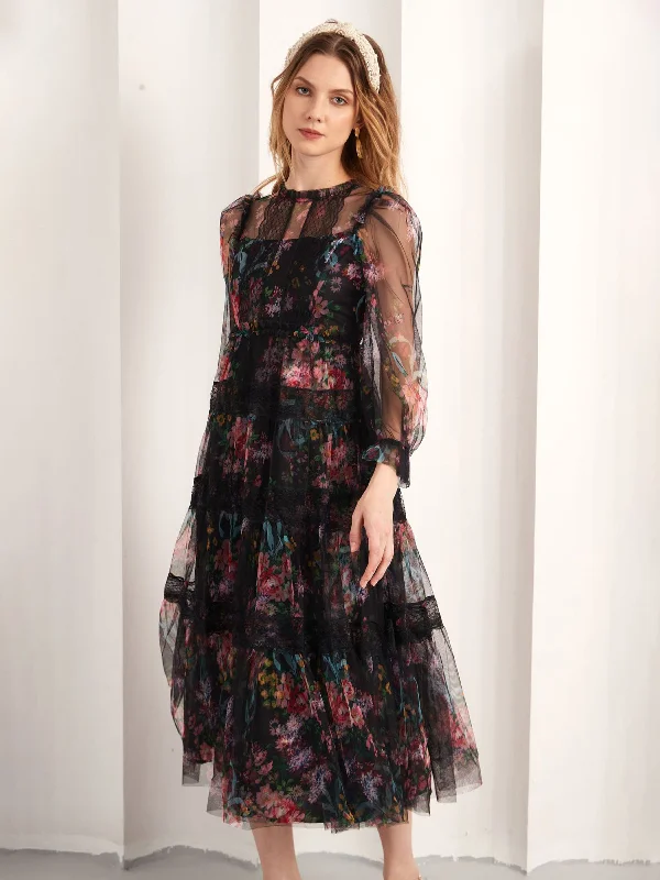 Maxi dress with braided straps-Black Floral Printed Tulle with Lace Trims Tea-Length Prom Dresses