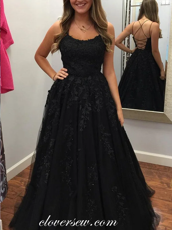 Casual striped maxi dress-Black Lace Applique Spaghetti Strap Lace Up Back A-line Prom Dresses,CP0278