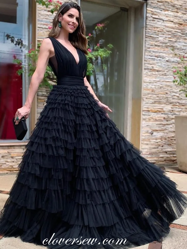 Maxi dress with voluminous skirt-Black Ruffles Tulle Tiered A-line Sleeveless Prom Dresses ,CP0294