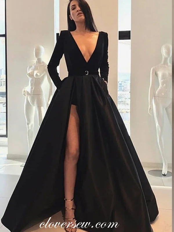 Sweetheart neckline maxi dress-Black Satin Long Sleeves V-neck A-line Prom Dresses ,CP0289