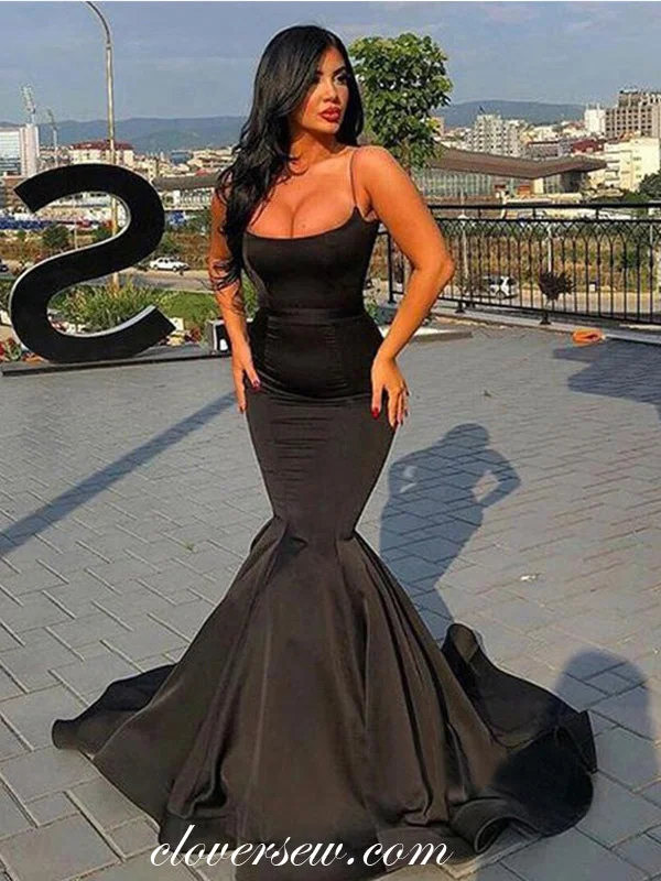 Maxi dress with ruched sides-Black Satin Spaghetti Strap Mermaid Sexy Prom Dresses,CP0317