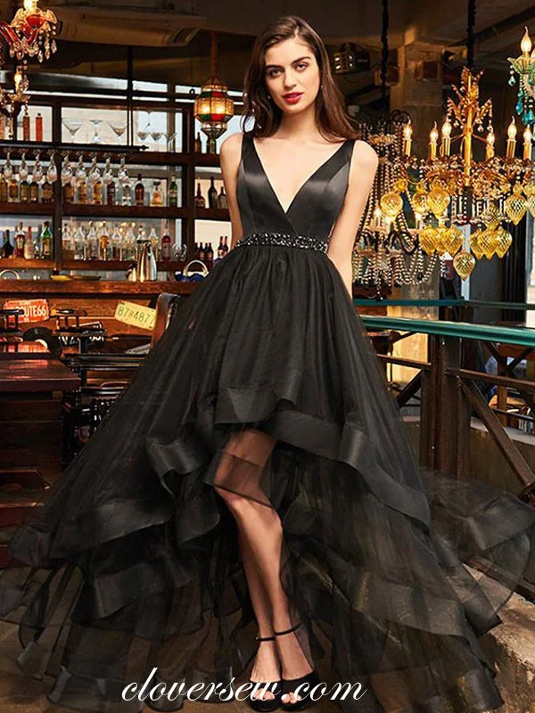 Maxi dress with peplum detail-Black Satin Tulle High Low A-line Sleeveless V-neck Prom Dresses,CP0320