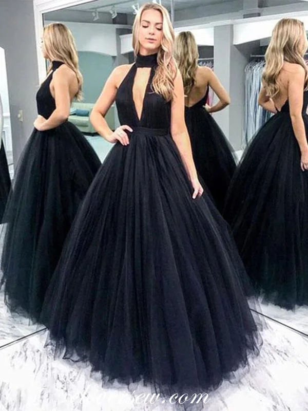 Maxi dress with beaded details-Black Tulle Halter Backless A-line Prom Dresses , CP0009