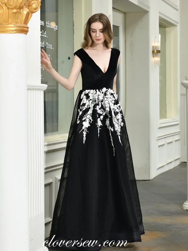 Maxi dress with high-low hem-Black Velvet White Applique Tulle A-line Elegant Prom Dresses,CP0182