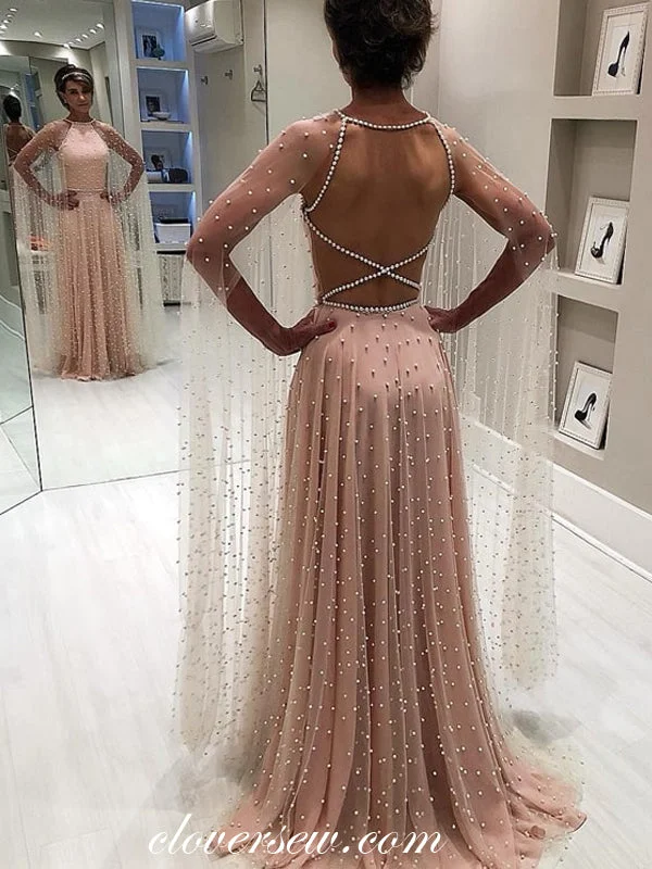 Maxi dress with split sleeves-Blush Pink Beaded Tulle Long Sleeves A-line Prom Dresses,CP0248