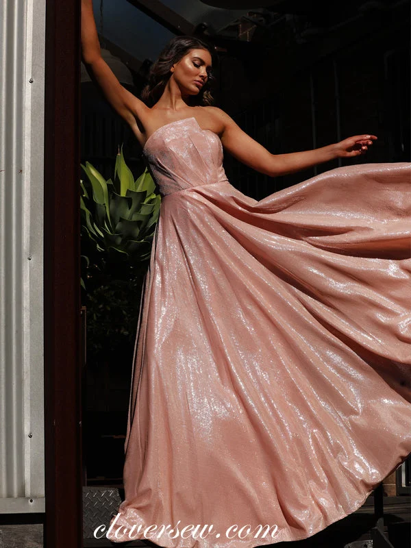 Tie-waist maxi dress for comfort-Blush Pink Sparkly Organza Strapless Prom Dresses, CP0027