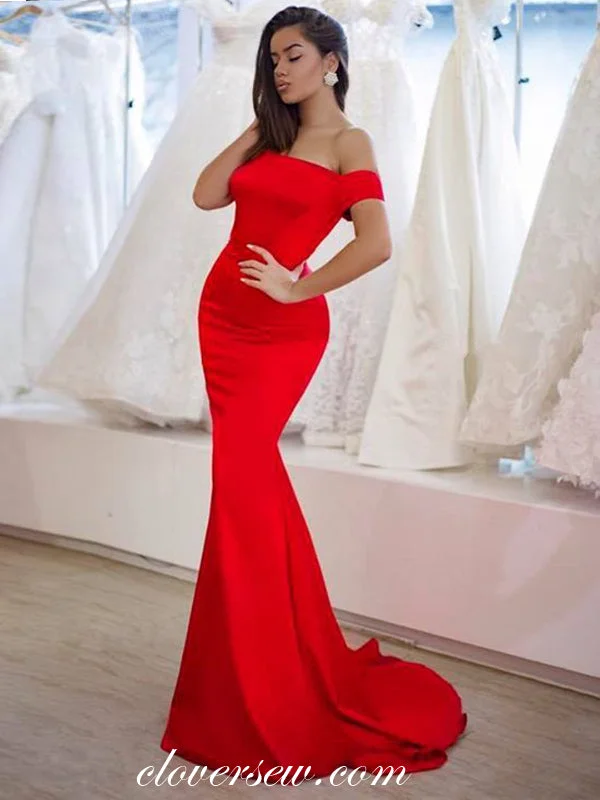 Casual striped maxi dress-Bright Red Off The Shoulder Mermaid Prom Dresses, CP0021