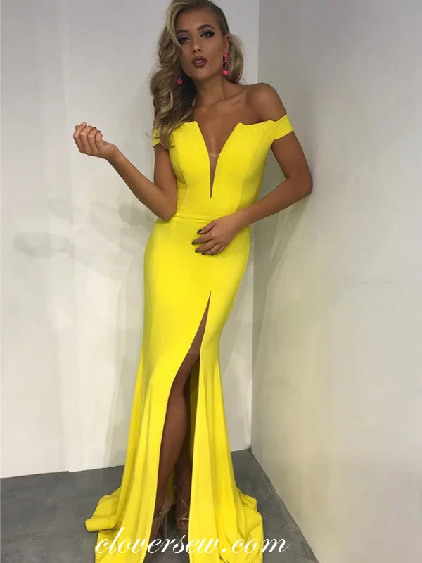 Maxi dress with cap sleeves-Bright Yellow Elastic Satin Off The Shoulder Mermaid Slit Evening Dresses, CP0064