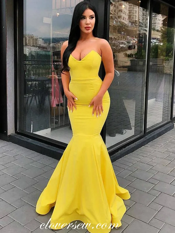 Maxi dress with statement sleeves-Bright Yellow Elastic Satin Strapless Mermaid Sexy Prom Dresses , CP0037