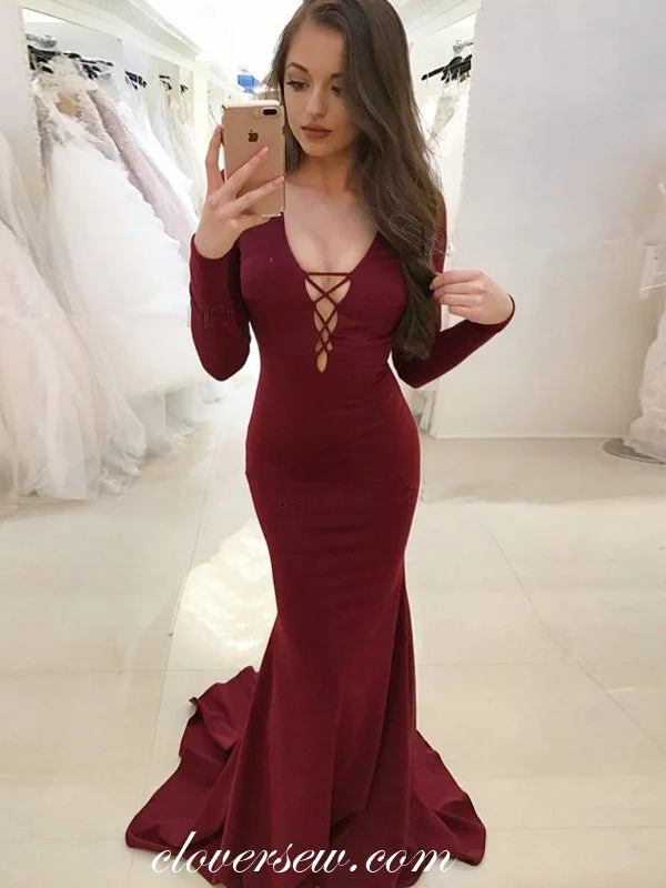 Maxi dress with sheer sleeves-Burgundy Long Sleeves Mermaid Open Back Prom Dresses, CP0112