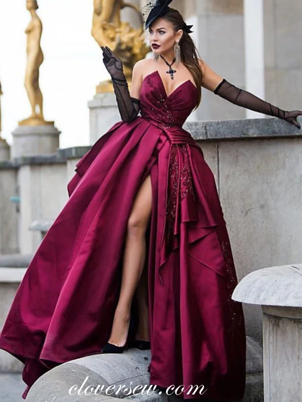 Maxi dress with gathered waist-Burgundy Satin Strapless Bead Applique Ball Gown Prom Dresses, CP0125