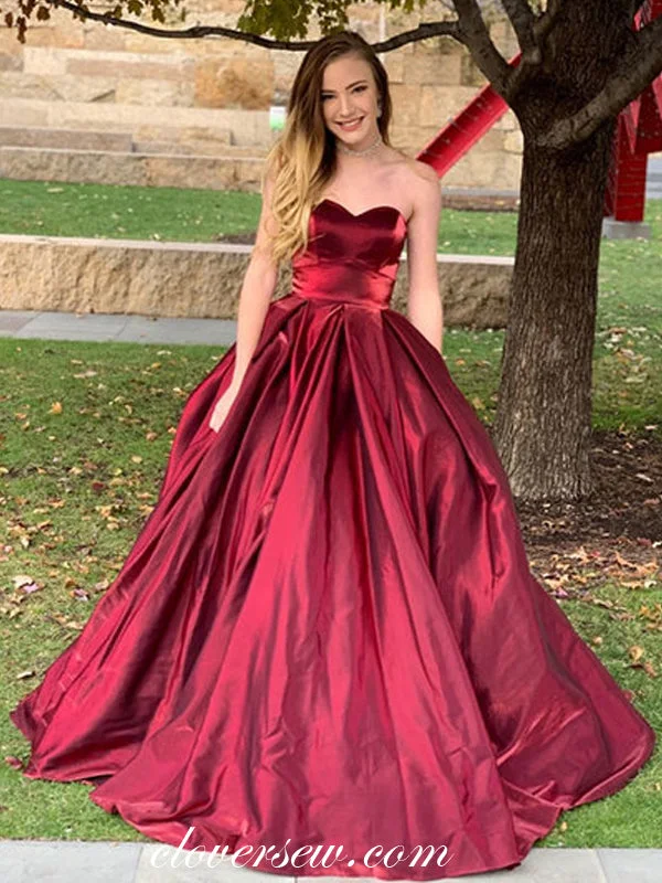 Maxi dress with dolman sleeves-Burgundy Satin Sweetheart Strapless Ball Gown Prom Dresses,CP0130