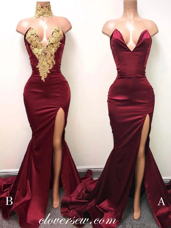 Maxi dress with split sleeves-Burgundy Strapless Mermaid Sexy Side Slit Sweep Train Evening Party Dresses, CP0105