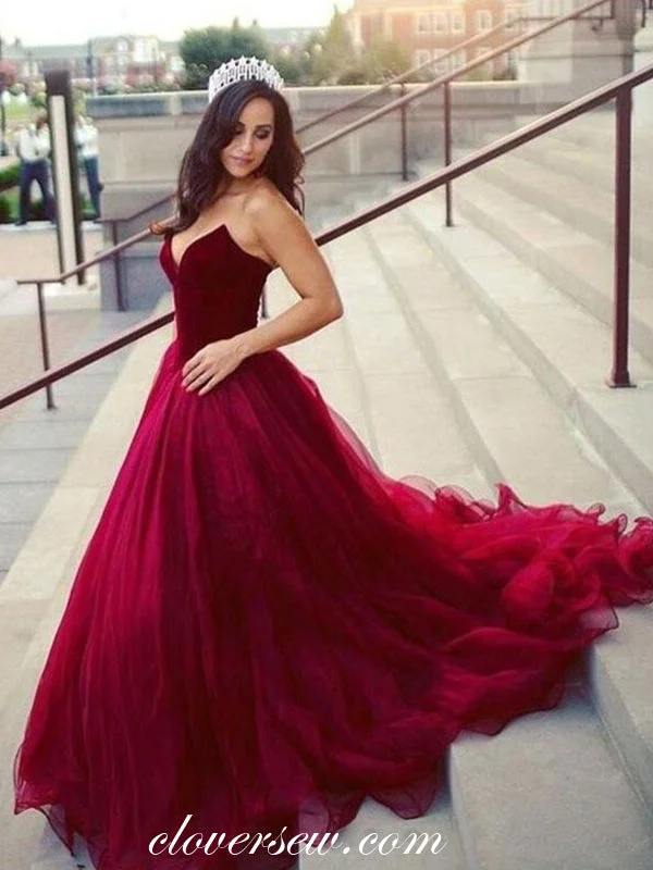 Maxi dress with high neckline-Burgundy Velvet Tulle Strapless A-line With Train Prom Dresses,CP0185