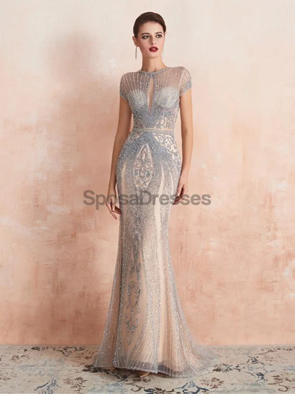 Maxi dress with flowy skirt-Cap Sleeves Heavily Beaded Mermaid Evening Prom Dresses, Evening Party Prom Dresses, 12134