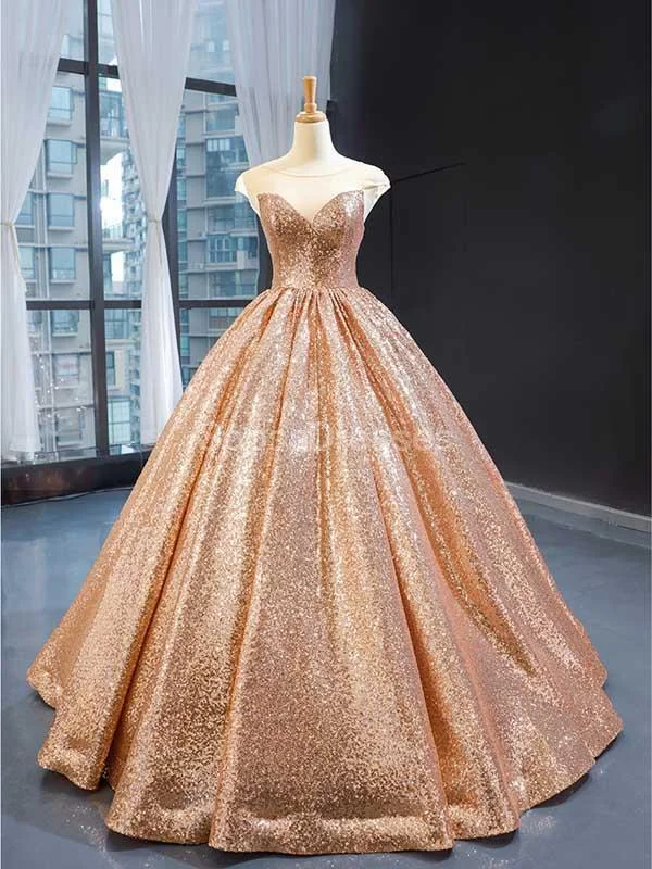 Maxi dress with flutter sleeves-Cap Sleeves Rose Gold Sequin Evening Prom Dresses, Evening Party Prom Dresses, 12238