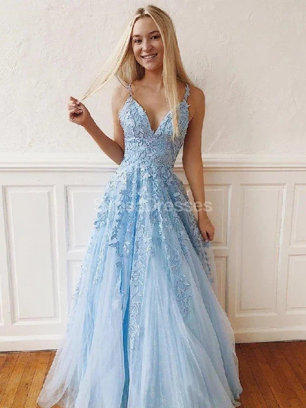 Maxi dress with side drawstrings-Cheap Blue Lace A-line Long Evening Prom Dresses, Evening Party Prom Dresses, 12228