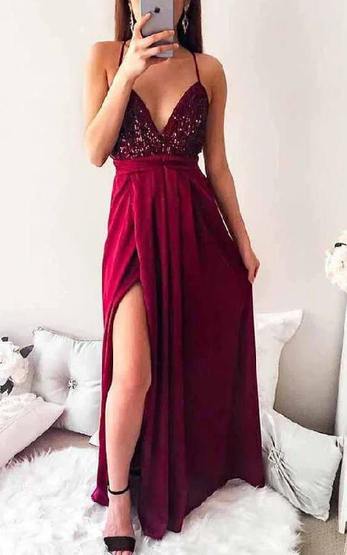 Maxi dress with side slits-Chiffon Floor-length A Line Sleeveless Casual Prom Evening Dress with Sequins-334355