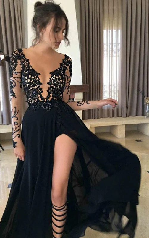 Maxi dress with flutter sleeves-Chiffon Lace Floor-length A Line Long Sleeve Modern Prom Evening Formal Dress-334357