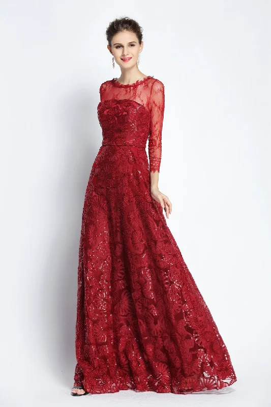 Spaghetti strap maxi dress for summer-A-Line Floor-length Bateau Scalloped Lace Long Sleeve Prom Dress with Beading and Pockets-334088