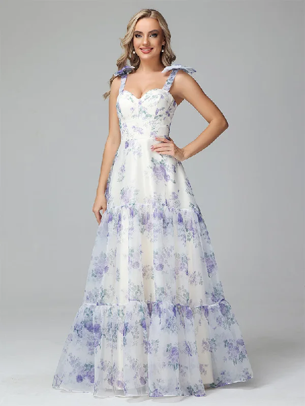 Maxi dress with smocked bodice-Cicinia A-line Lace-up Floral Long Prom Dresses