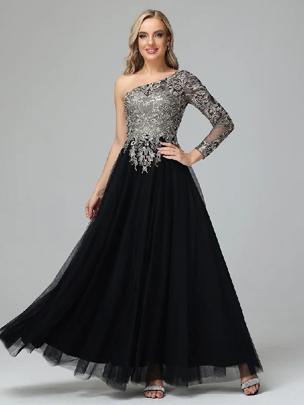 Maxi dress with crochet overlay-Gorgeous One-Shoulder Floor Length Short Sleeves Prom Dresses With Split