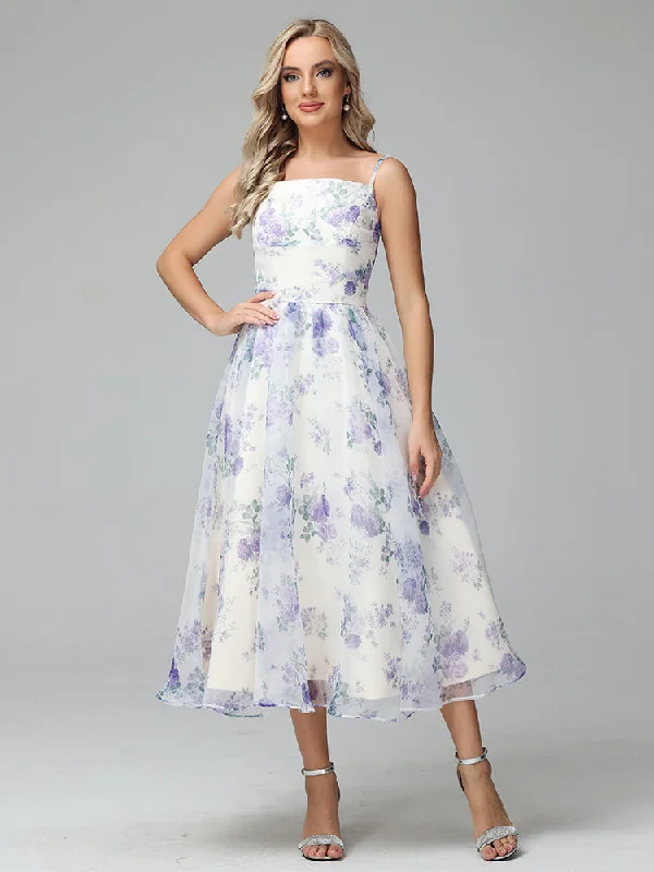 Maxi dress with side pockets-Cicinia Tea Length Lace-up Floral Prom Dresses