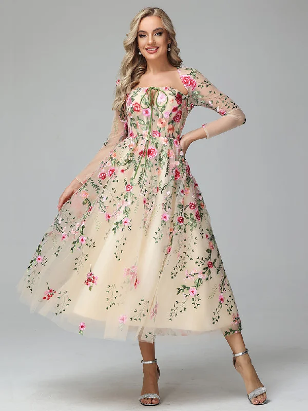 Maxi dress with sheer sleeves-Cicinia Tea Length Strapless Zipper Long Sleeves Prom Dresses