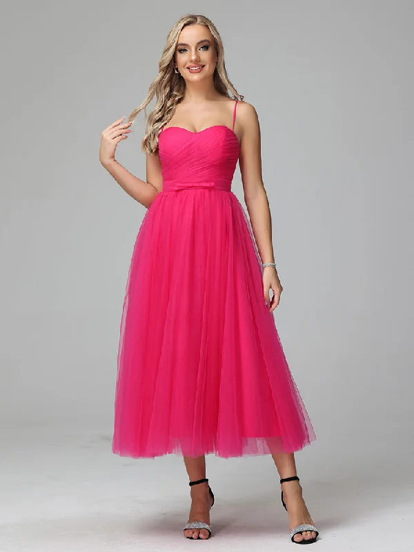 Maxi dress with metallic threads-Illusion Tea Length Strapless Zipper Sleeveless Prom Dresses