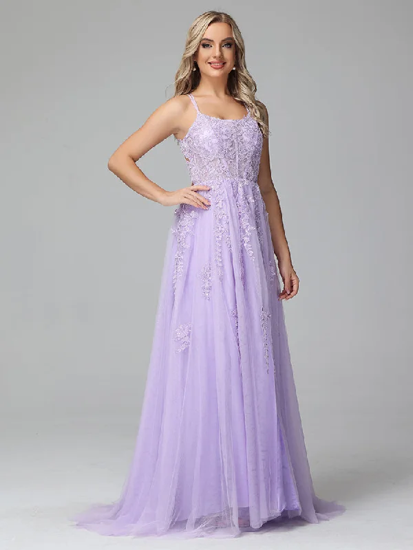 Maxi dress with lace trim-Charming Sweep Train Criss-Cross Straps Sleeveless Prom Dresses