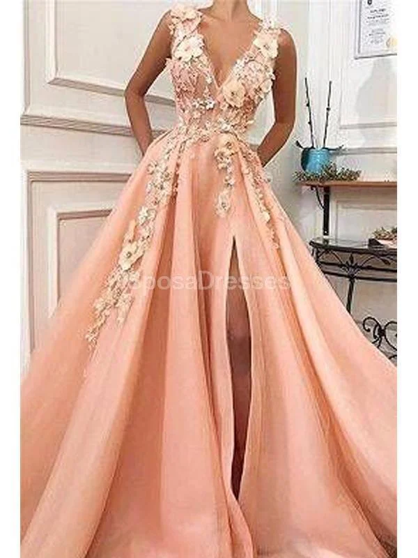 Maxi dress with trumpet sleeves-Peach Side Slit Applique Beaded Long Evening Prom Dresses, Evening Party Prom Dresses, 12222