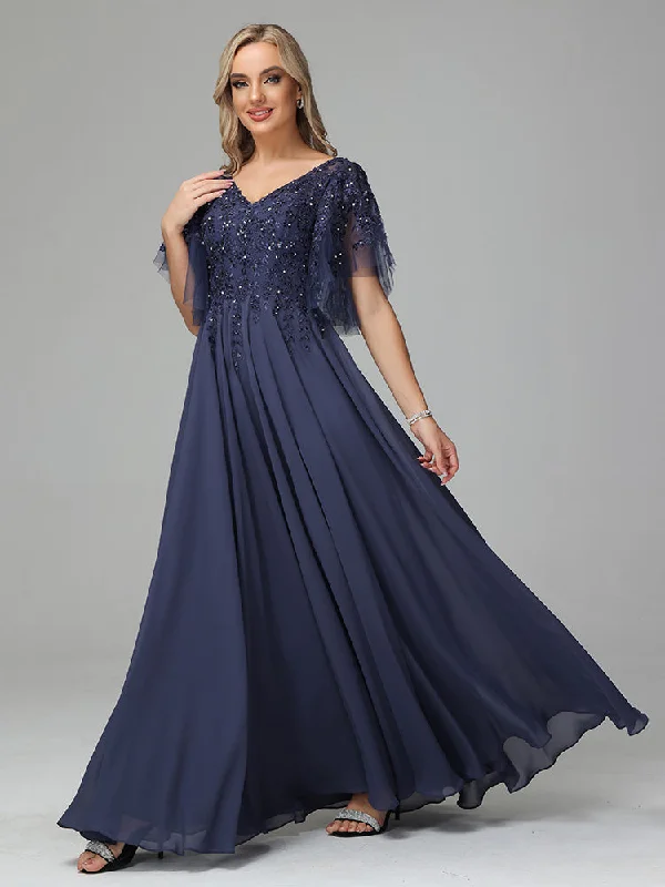 Maxi dress with cutouts-Charming V-Neck Floor Length Short Sleeves Prom Dresses