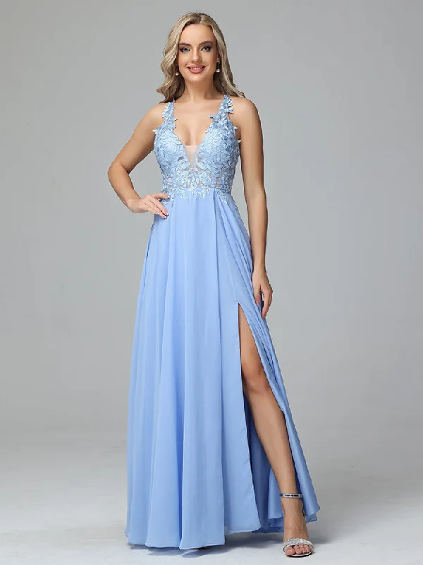 Maxi dress with high-low silhouette-Elegant Lace-Up Floor Length Sleeveless Prom Dresses With Split