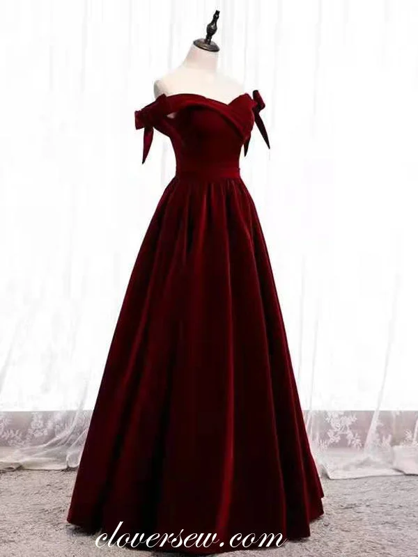 Maxi dress with tulip skirt-Dark Burgundy Velvet Off The Shoulder A-line Prom Dresses,CP0164