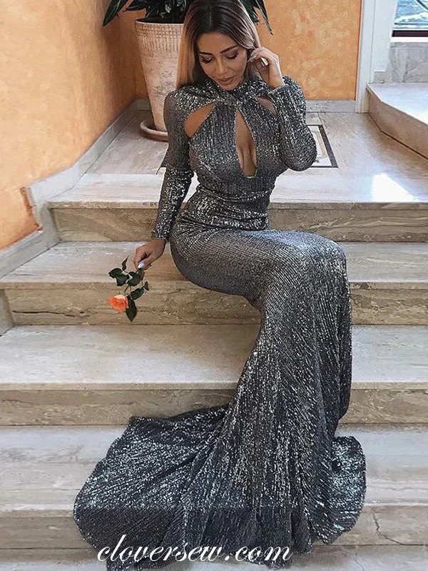 Button-down maxi dress-Dark Grey Sequin Long Sleeves High Neck Mermaid Sparkly Formal Dresses, CP0022