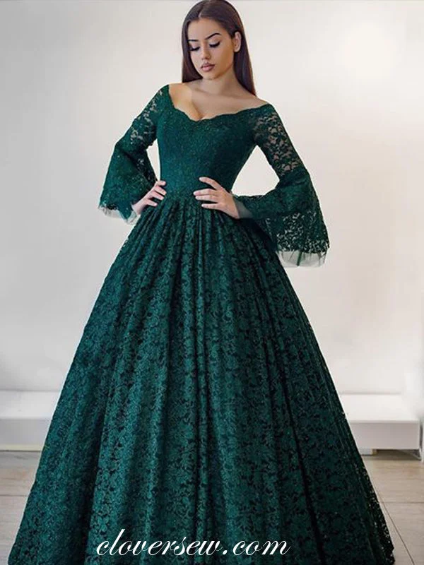 V-neckline maxi dress-Dark Green Lace Long Sleeves V-neck A-line Prom Dresses, CP0025