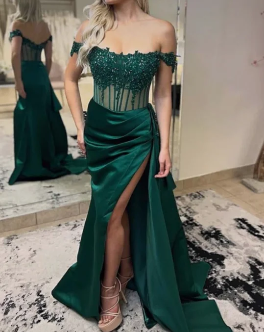 Maxi dress with side slits-Dark Green Prom Dresses Split Side Off Shoulder with Appliques