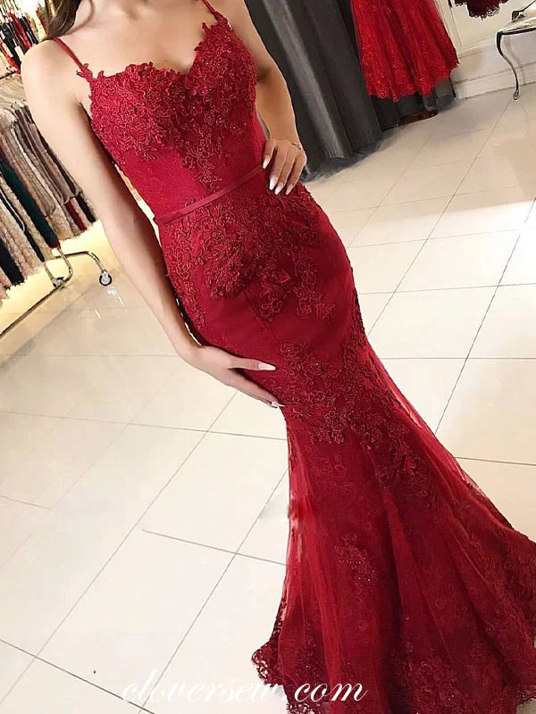 Maxi dress with high neckline-Dark Red Lace Applique Spaghetti Strap Mermaid Prom Dresses, CP0053