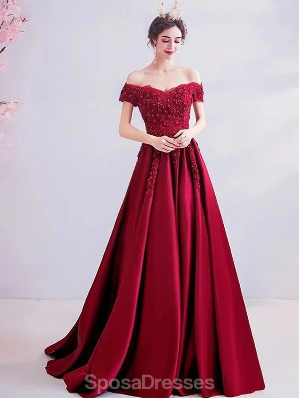 Casual chic maxi dress-Dark Red Off Shoulder Lace Beaded Evening Prom Dresses, Evening Party Prom Dresses, 12206