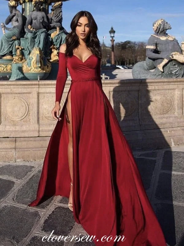 Pleated skirt maxi dress-Dark Red Off The Shoulder Long Sleeves High Side Slit Prom Dresses , CP0032