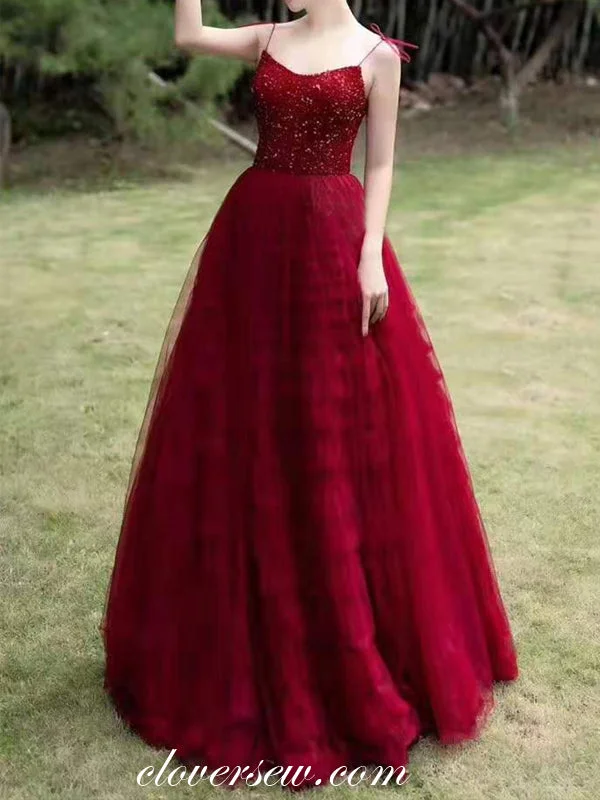 Pleated skirt maxi dress-Dark Red Shiny Top Ruffles Tulle Spaghetti Strap A-line Prom Dresses,CP0160