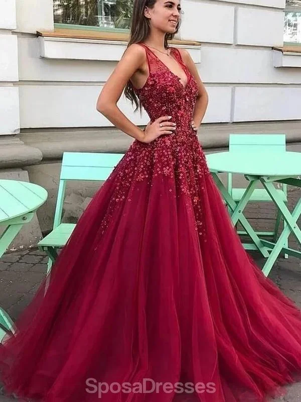 Maxi dress with layered tulle-Dark Red V Neck A-line Tulle Long Evening Prom Dresses, Evening Party Prom Dresses, 12179