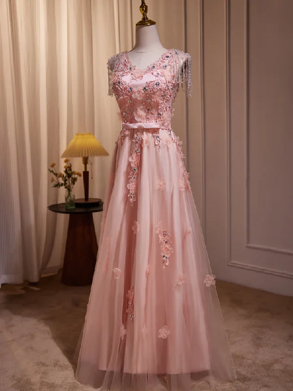 Maxi dress with side pockets-Delicate V-Neck Pink with Rhinestones Lace Appliques Prom Dress