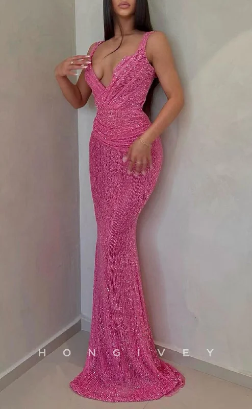 Maxi dress with knot front-L1324 - Sexy Plunging Neck Spaghetti Straps Fully Sequined Long  Party Prom Evening Dress