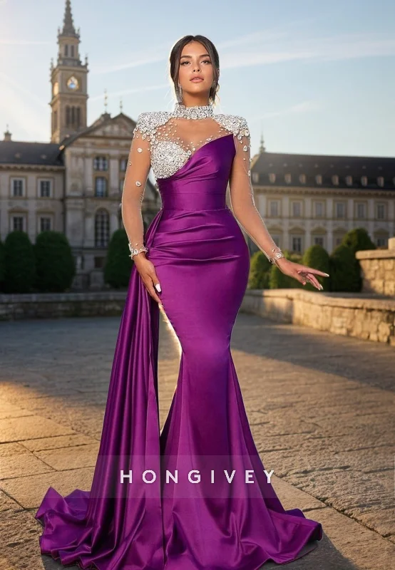 Maxi dress with frilly neckline-L1331 - Ornate High Neck Long Sleeves Crystal Embellished Ruched Long Party Prom Evening Dress