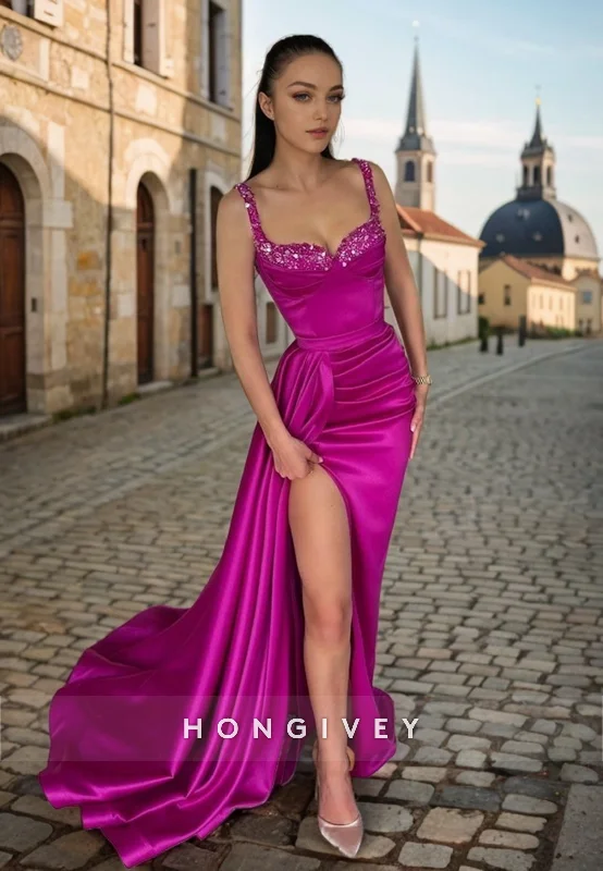 Maxi dress with festive look-L1333 - Sexy Satin Sweetheart Spaghetti Straps Sequined Ruched Embellished With Train Party Prom Evening Dress