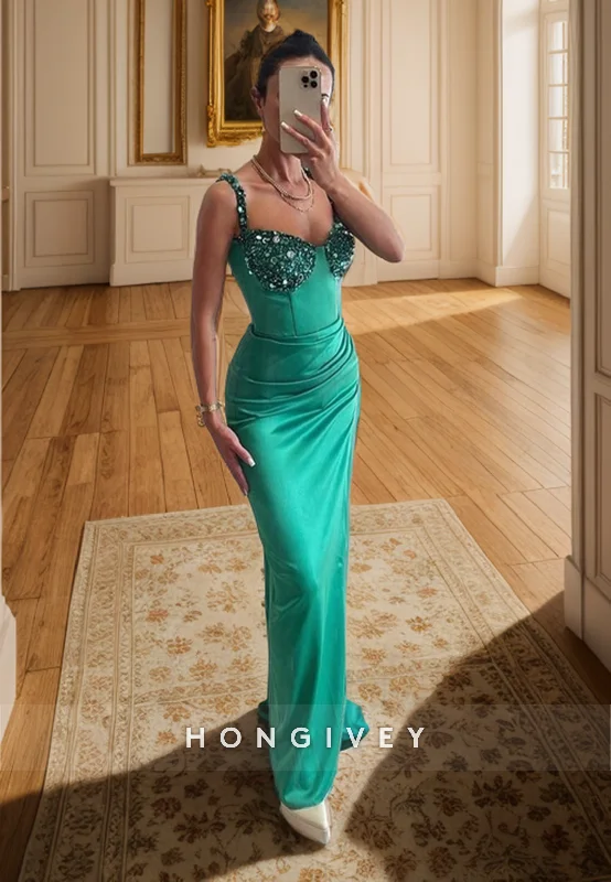 Maxi dress with cap sleeves-L1340 - Classic Sweetheart Spaghetti Straps Sequins Embellished Ruched  Party Prom Evening Dress