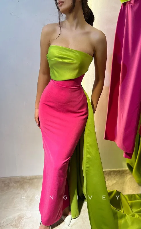 Maxi dress with bishop sleeves-L1343 - Sexy Satin Strapless Strapless Two Tone Empire With Train Party Prom Evening Dress